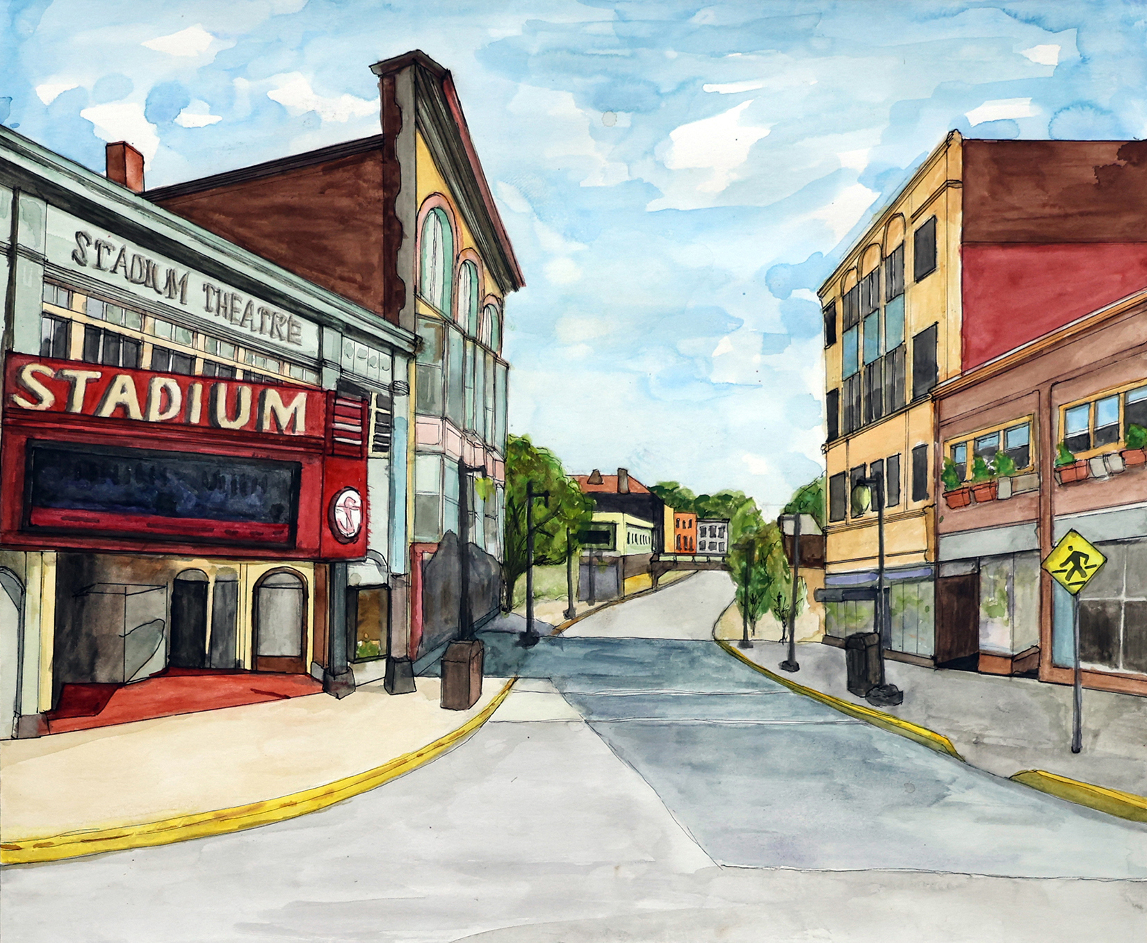 Ink and watercolor of a downtown street with a vintage Stadium Theatre marquee